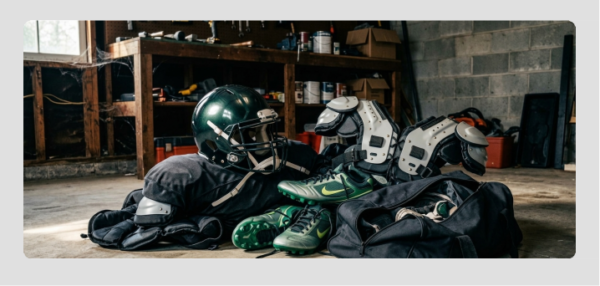 dirty football gear piled on garage floor